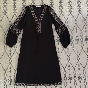Zara Black V-Neck Long Sleeve Embroidered Sundress